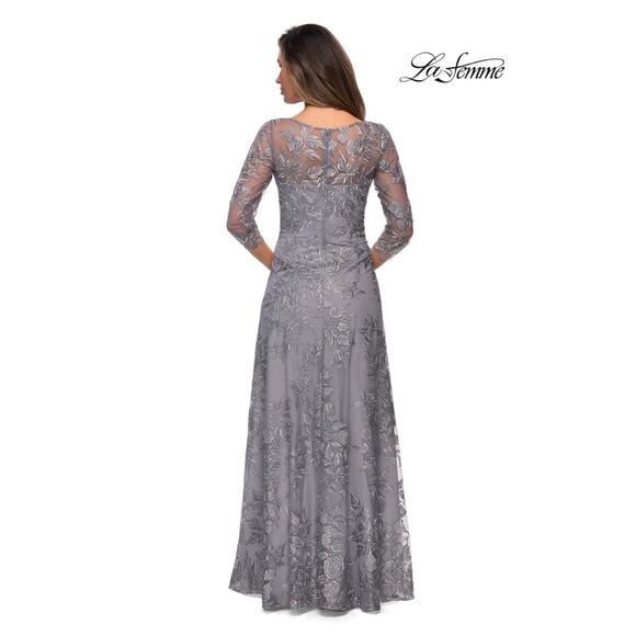 La Femme Formal Gown 3/4 Sleeves Silver Embroidered Mesh A-Line Size 14 NWT - Picture 2 of 13